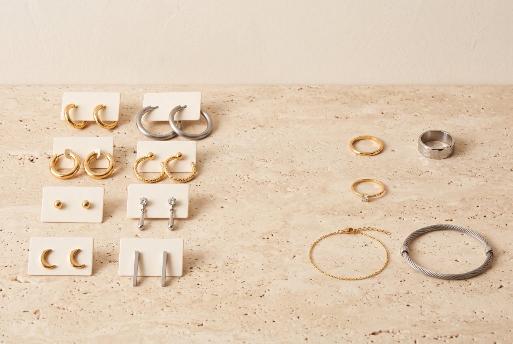 Eight pairs of gold and silver earrings on blank display cards beside a smaller group of rings, a bracelet, and a bangle on a travertine surface
