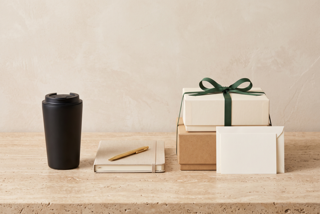 Matching corporate gift sets in ribboned boxes with space for a printed logo