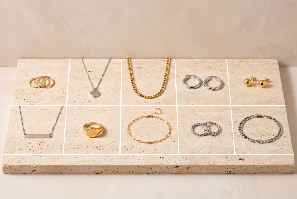 Ten different gold and silver jewelry pieces, one of each, laid out in a grid of ten squares on a travertine slab