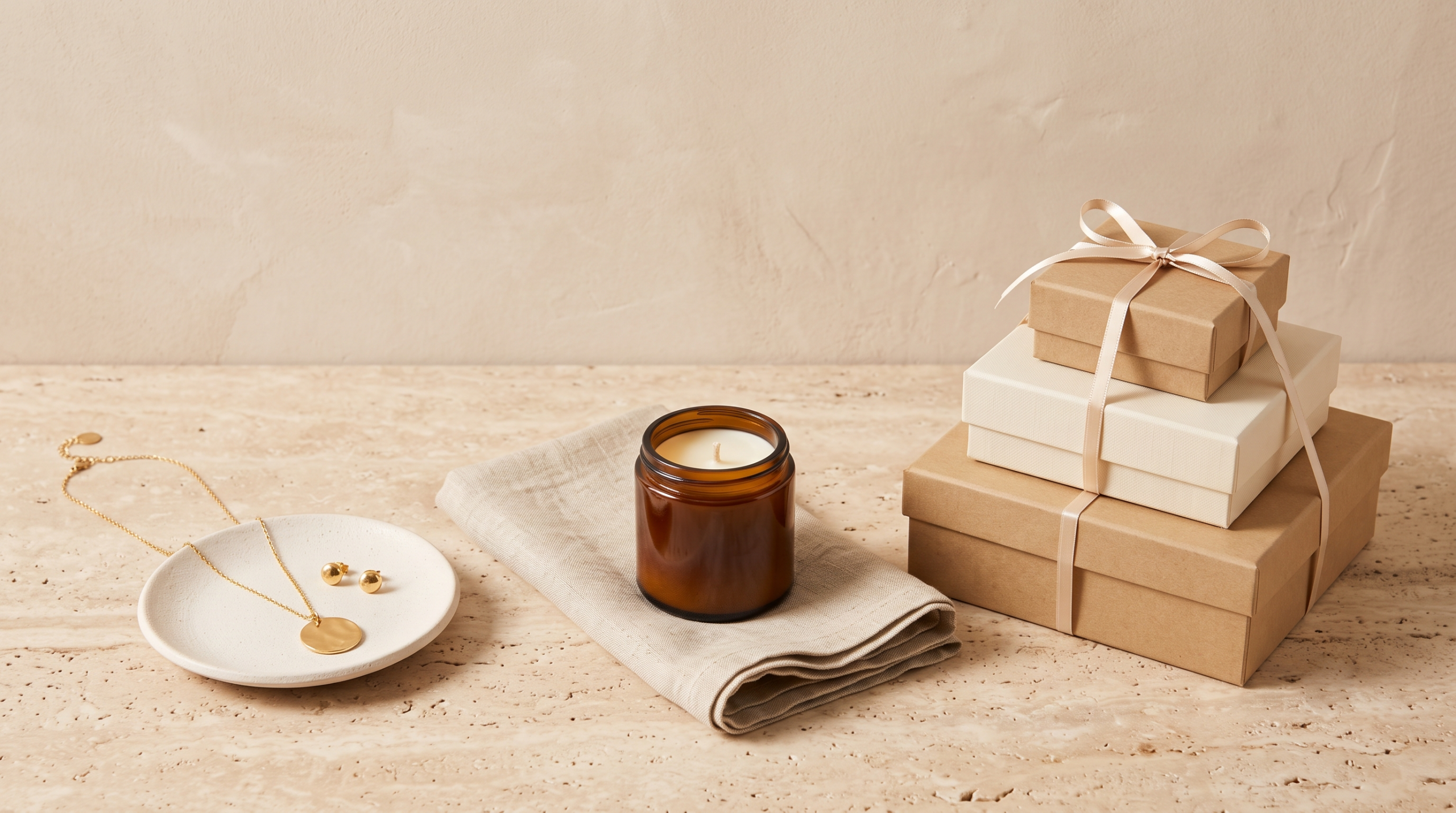 Assembled holiday gift sets of jewelry, a candle, and ribboned gift boxes on a stone surface