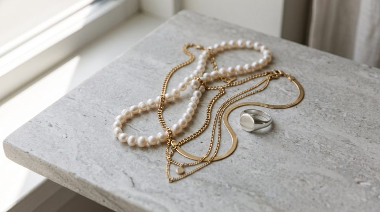 Gold, silver, and stainless steel jewelry pieces arranged together to show differences in finish and material