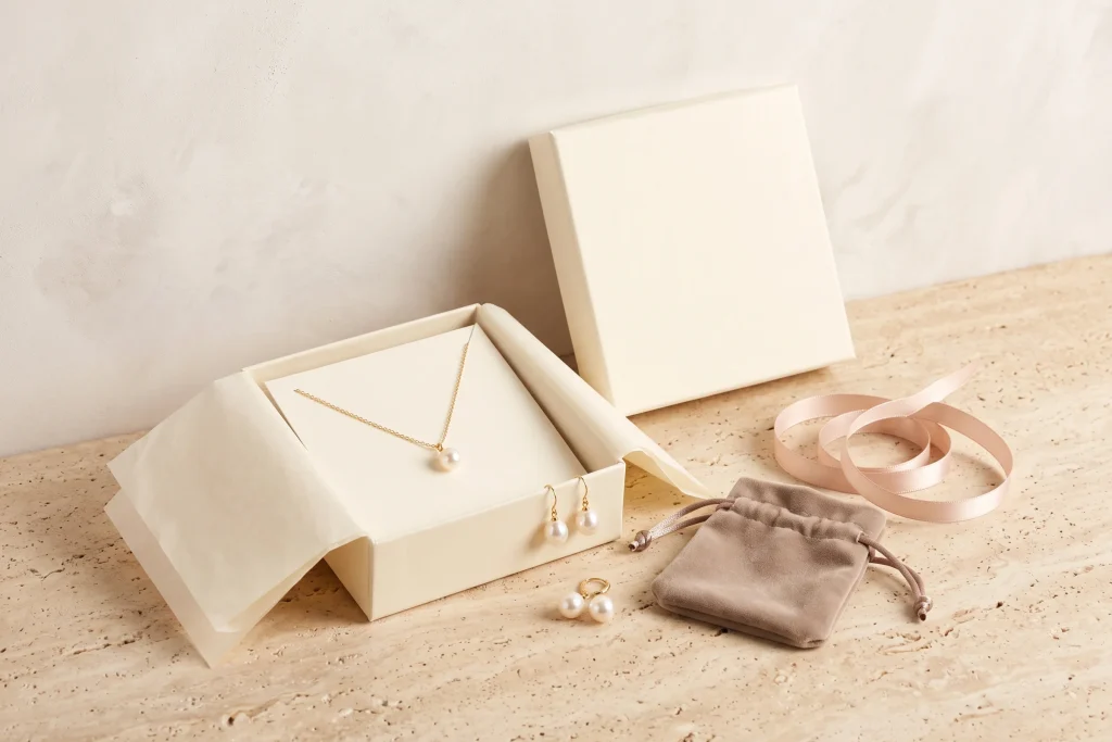 A gold pearl pendant necklace in an open cream gift box lined with tissue, with pearl drop earrings, a taupe velvet pouch and coiled blush ribbon alongside