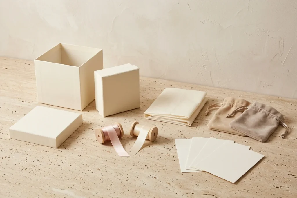 Cream gift boxes with a lid set aside, folded tissue, spools of blush and cream satin ribbon, two velvet pouches and four blank cards on travertine