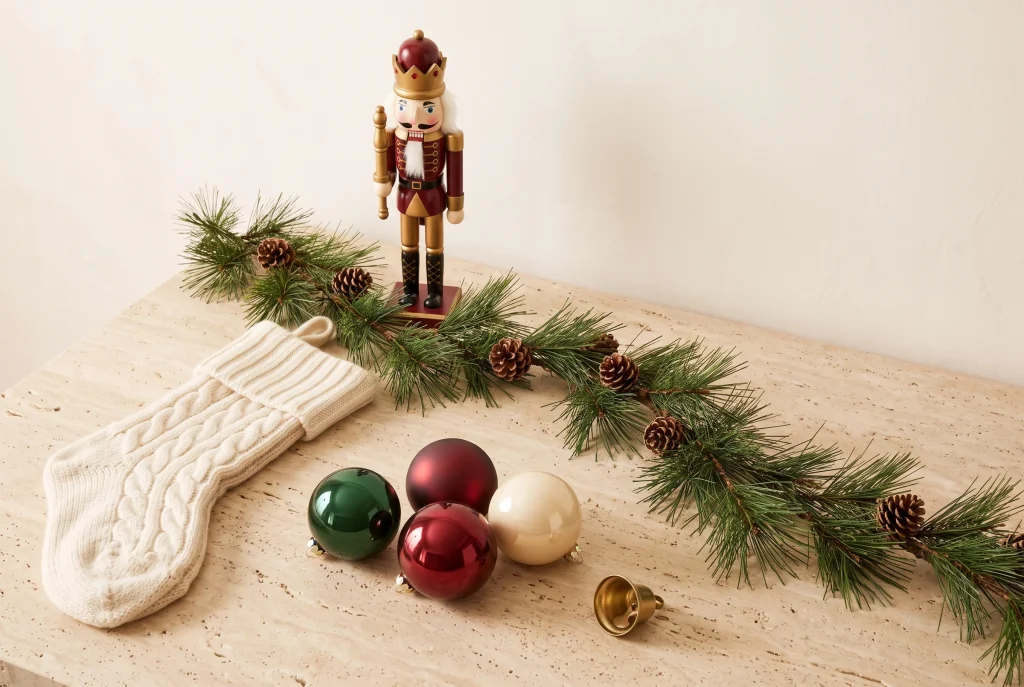 A red and gold nutcracker on a pine and pinecone garland, with a cream cable-knit stocking, green, red and cream ball ornaments and a small brass bell