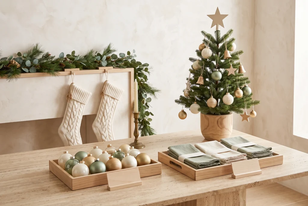 A holiday display with a decorated tabletop tree, garland and cream stockings on a wooden mantle, and wooden trays of ornaments and napkins with shelf cards