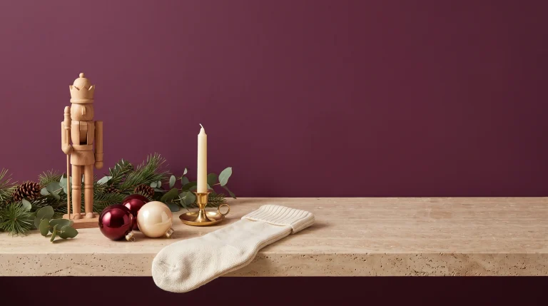 A wood nutcracker, pine and eucalyptus garland, deep red and cream ball ornaments, a brass candleholder and a knit stocking on travertine against a plum wall