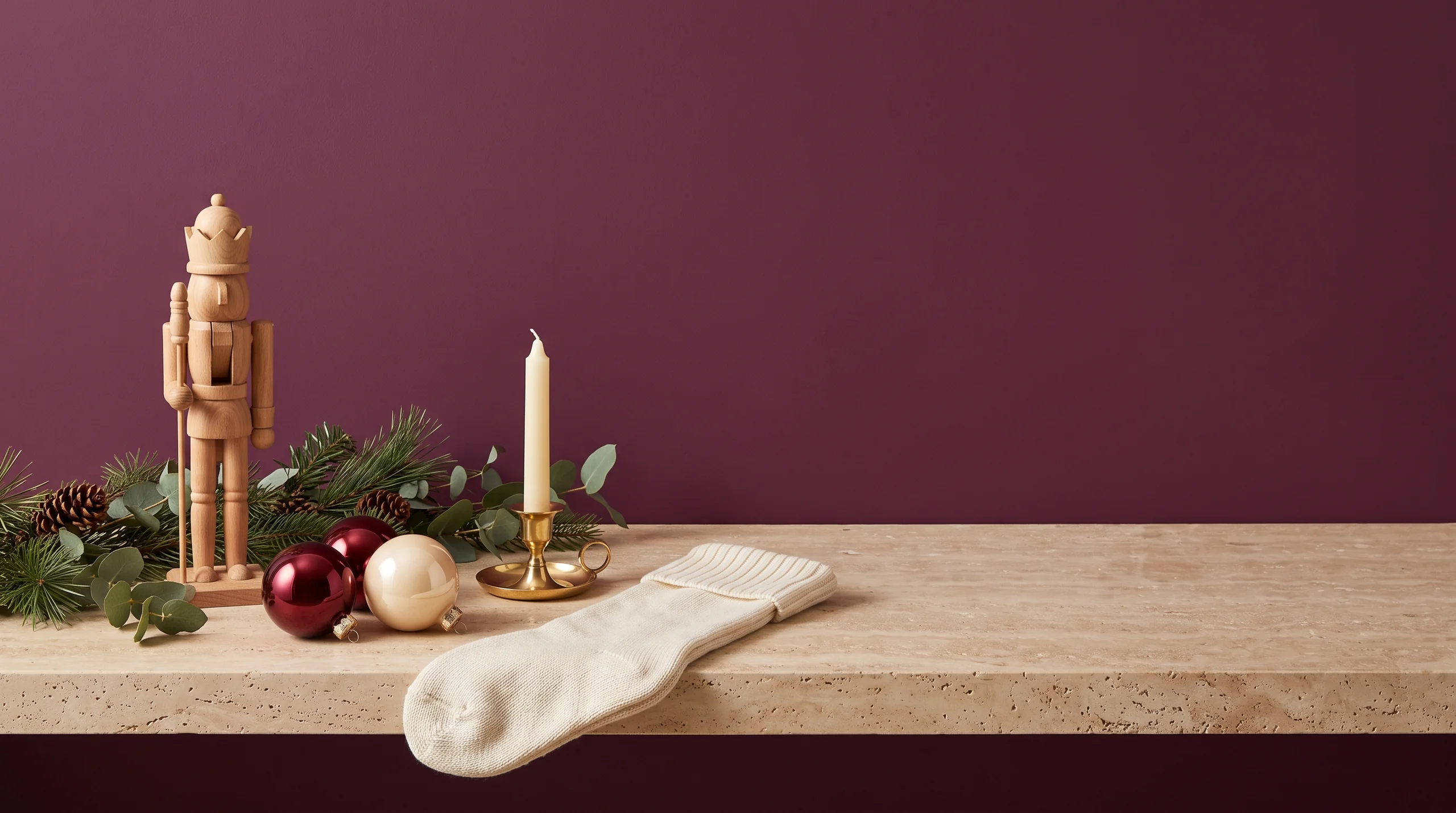 A wood nutcracker, pine and eucalyptus garland, deep red and cream ball ornaments, a brass candleholder and a knit stocking on travertine against a plum wall