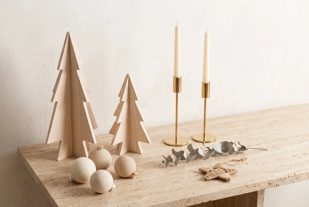 Two pale wood Christmas trees at different heights, brass candlesticks with cream tapers, matte cream ball ornaments, dried eucalyptus and a woven jute star