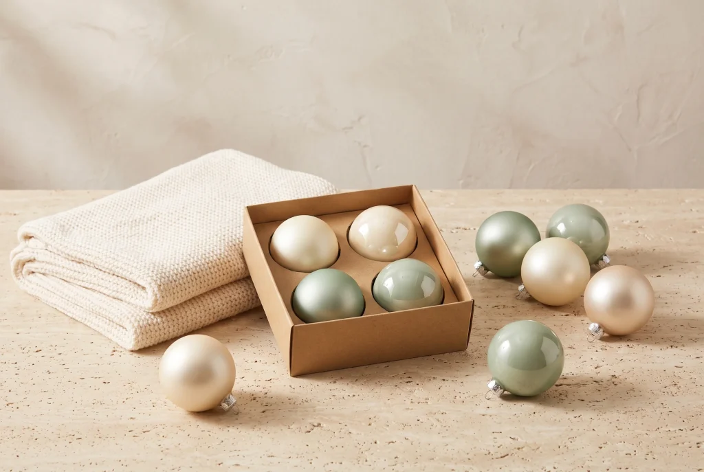 A kraft box with four divided compartments holding cream and sage ball ornaments, more matte and glossy ornaments loose on travertine, beside a knit throw