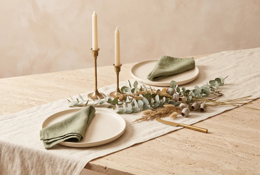 A holiday table setting with a linen runner, brass candlesticks, stoneware plates with sage napkins, eucalyptus and dried grasses, and a brass serving knife