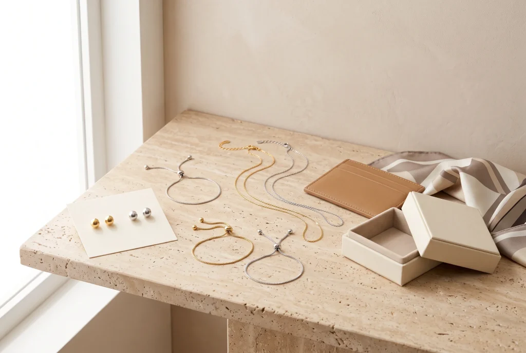 Gold and silver stud earrings on a blank card, slider bracelets, fine chain necklaces, a tan leather card holder, a folded silk scarf and a jewelry box