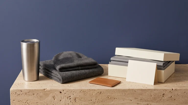 A stainless insulated tumbler, folded wool scarf and knit beanie, tan leather card holder and a cream gift box on travertine against a deep ink blue wall