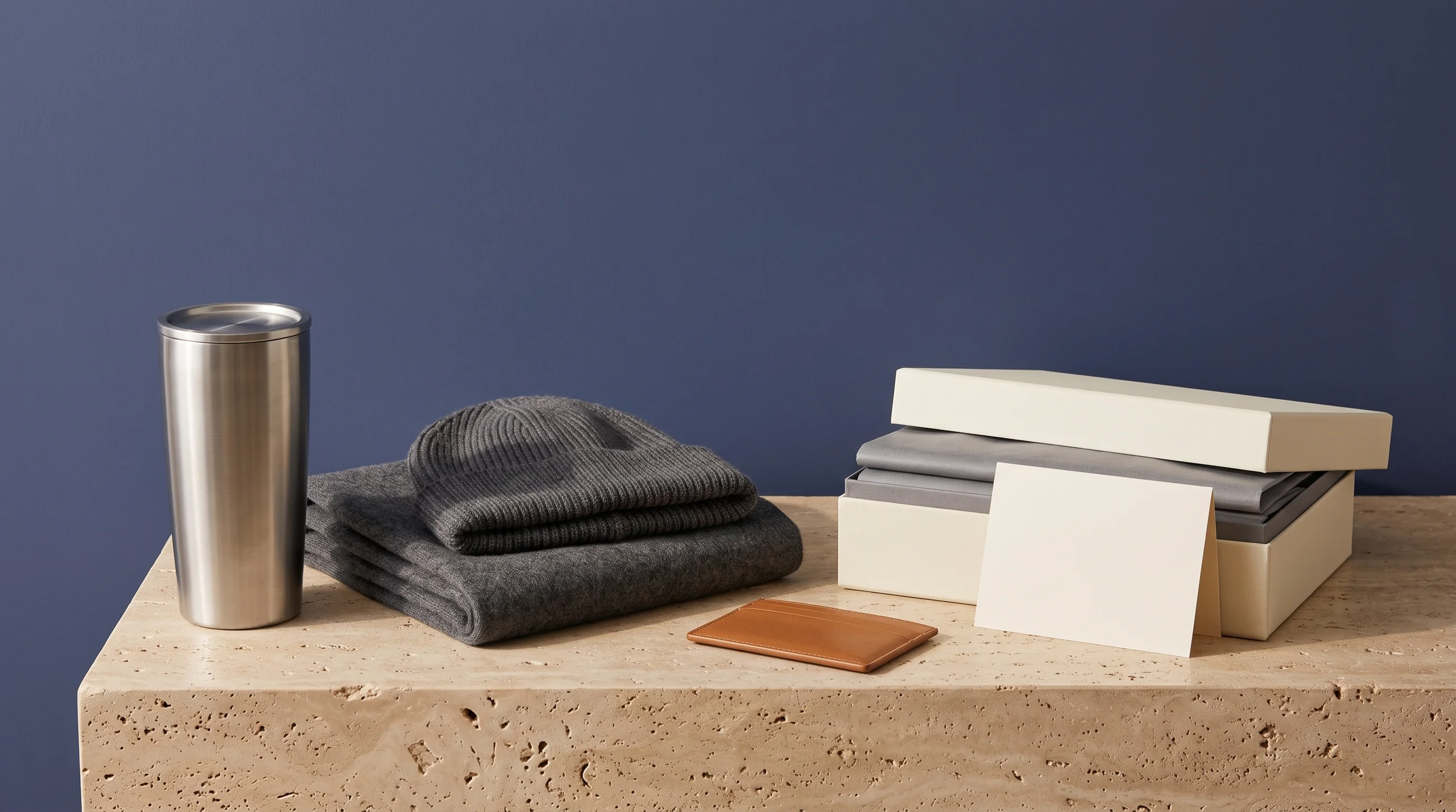 A stainless insulated tumbler, folded wool scarf and knit beanie, tan leather card holder and a cream gift box on travertine against a deep ink blue wall