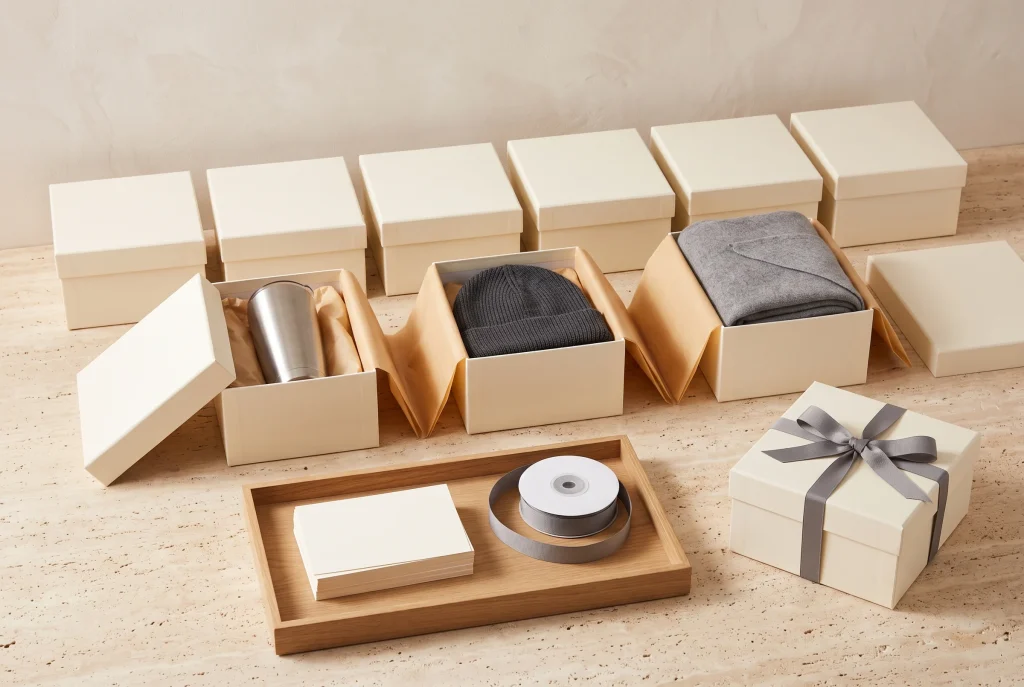 Eight identical cream gift boxes in rows with three open showing a tumbler, a beanie and a folded throw, beside a tray of blank cards and grey ribbon