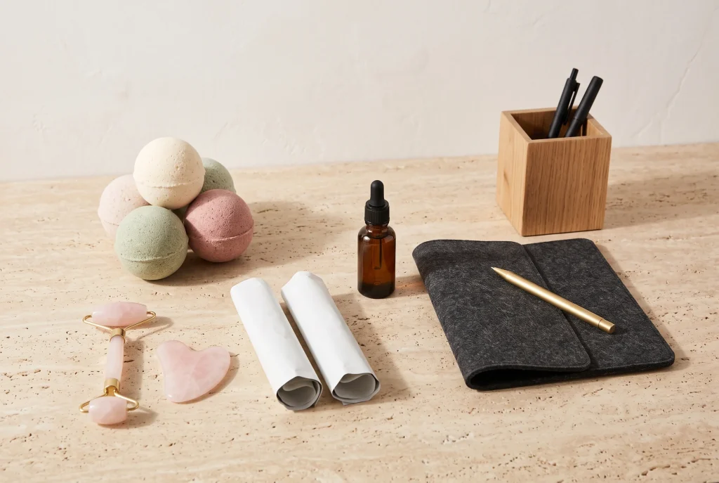 Bath bombs in cream, sage and dusty rose, rolled sheet masks, a rose quartz roller and gua sha, an amber dropper bottle and a wooden desk organizer