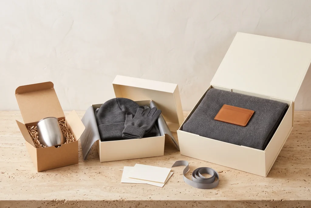 Three corporate gift sets at increasing sizes, a boxed tumbler, a boxed beanie and gloves, and a boxed wool throw with a leather card holder