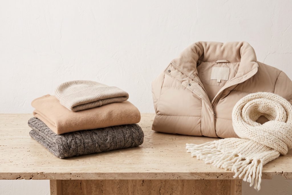 A folded knitwear stack, a draped puffer jacket, and a chunky scarf on a stone surface