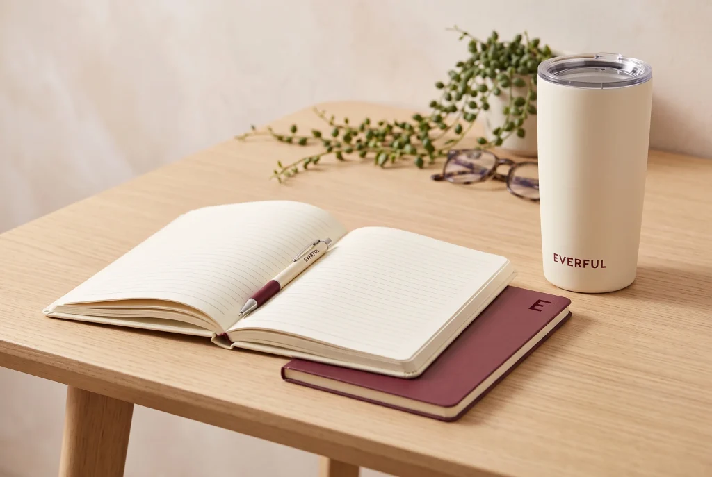 An open cream notebook with ruled pages and a branded Everful pen in the gutter, on a pale oak desk beside a burgundy notebook, a plant and a cream tumbler