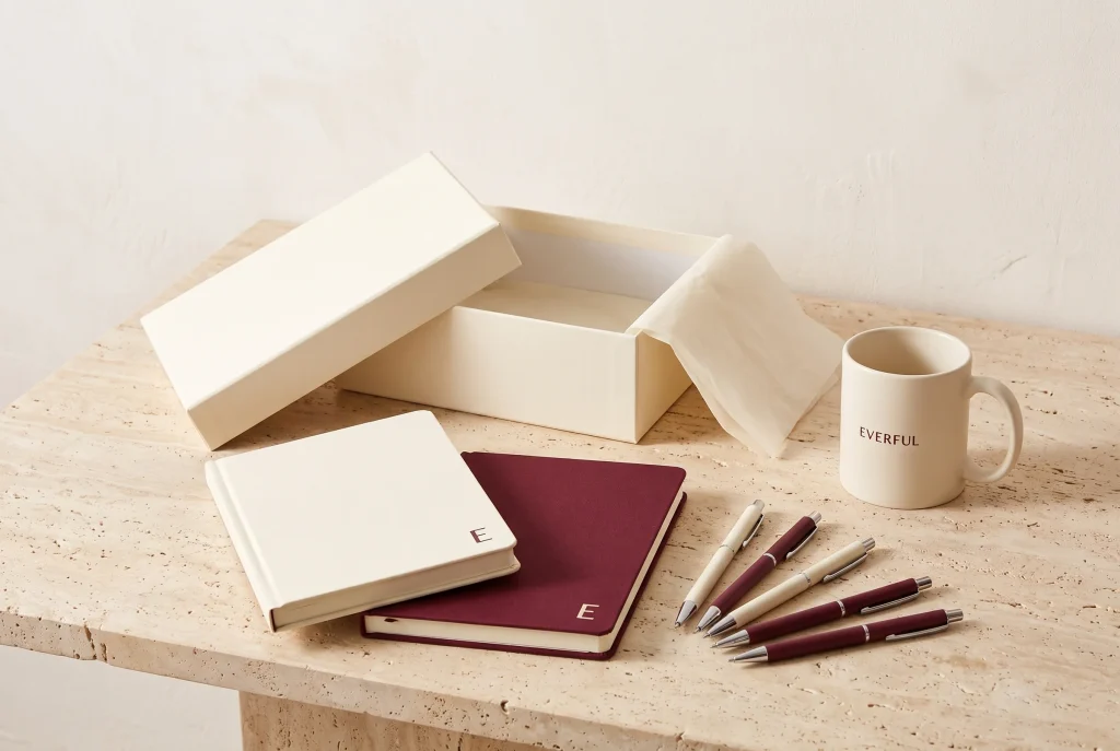 An open cream gift box with its lid and tissue set beside it, a cream and a burgundy Everful notebook, six cream and burgundy pens, and a branded cream mug