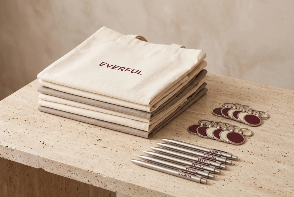 A stack of six folded cream and taupe Everful tote bags beside two rows of burgundy and cream keychains and six branded silver pens on a travertine table