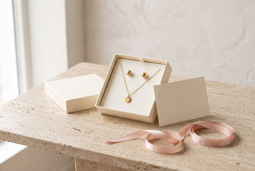 An open cream gift box showing a gold disc pendant necklace and ball stud earrings, with its lid, a blank card, and blush ribbon on a travertine table