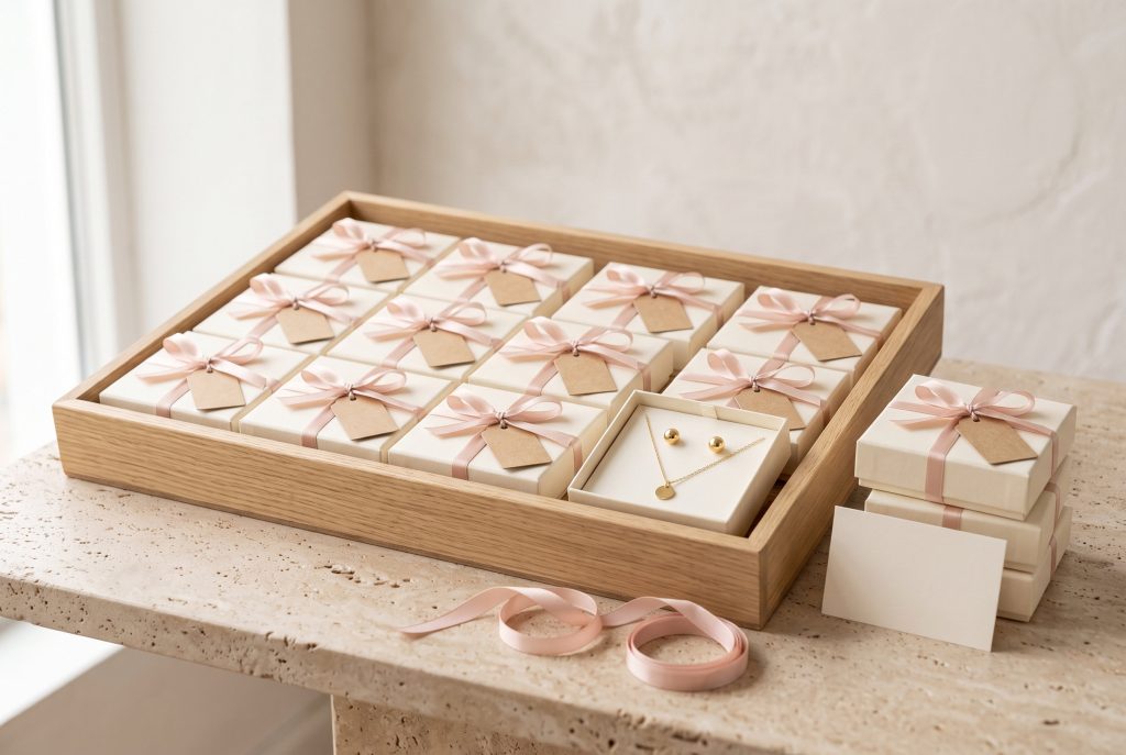 A wooden tray of identical cream gift boxes tied with blush ribbon and kraft tags, one open to show a gold necklace and studs, with more boxes stacked beside it