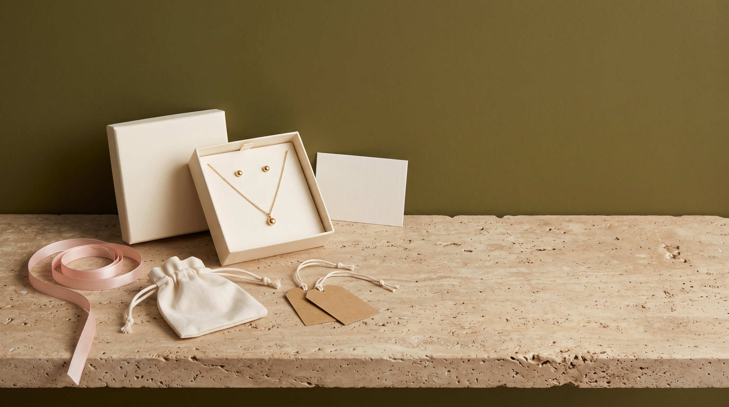 An open cream gift box holding a gold pendant necklace and stud earrings, with a blank card, blush ribbon, and kraft tags on travertine against an olive wall