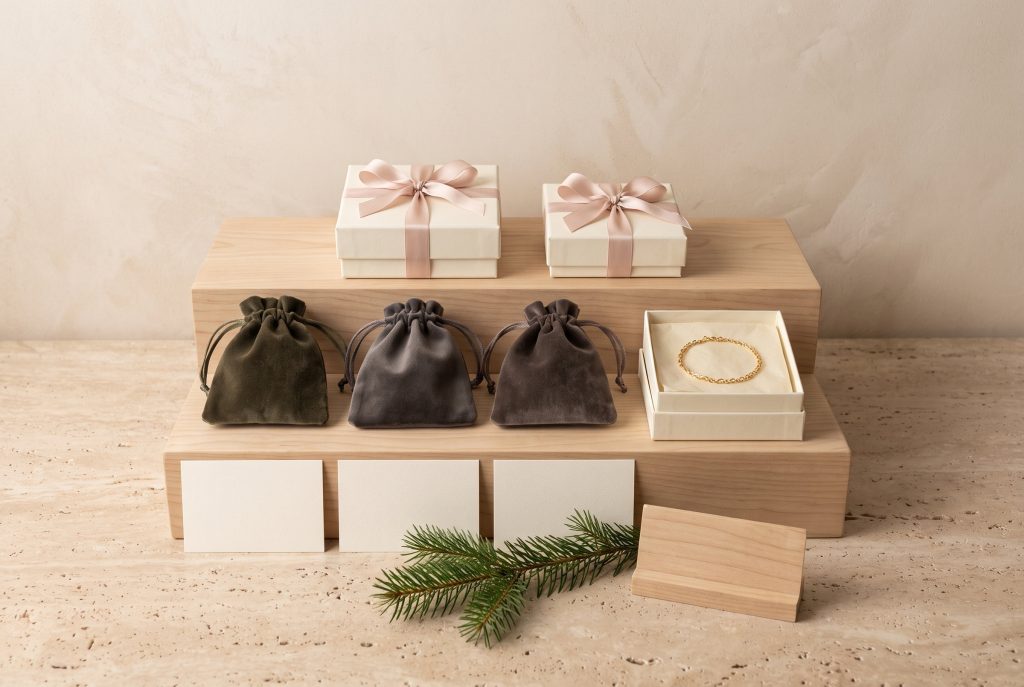 A tiered wooden riser holding ribbon-tied gift boxes, velvet pouches, and an open box with a gold bracelet, with blank cards, a pine sprig, and a shelf card