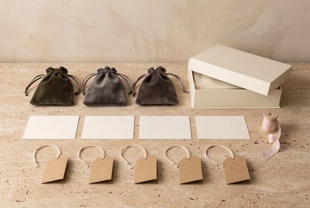 Three velvet drawstring pouches and a cream box with tissue above rows of blank cream cards, kraft tags on cotton string, and a spool of blush ribbon