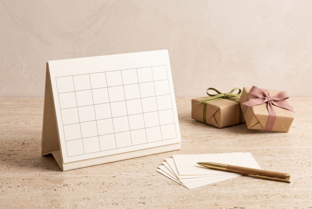 A blank desk calendar, index cards, and two small ribboned kraft parcels on a stone surface