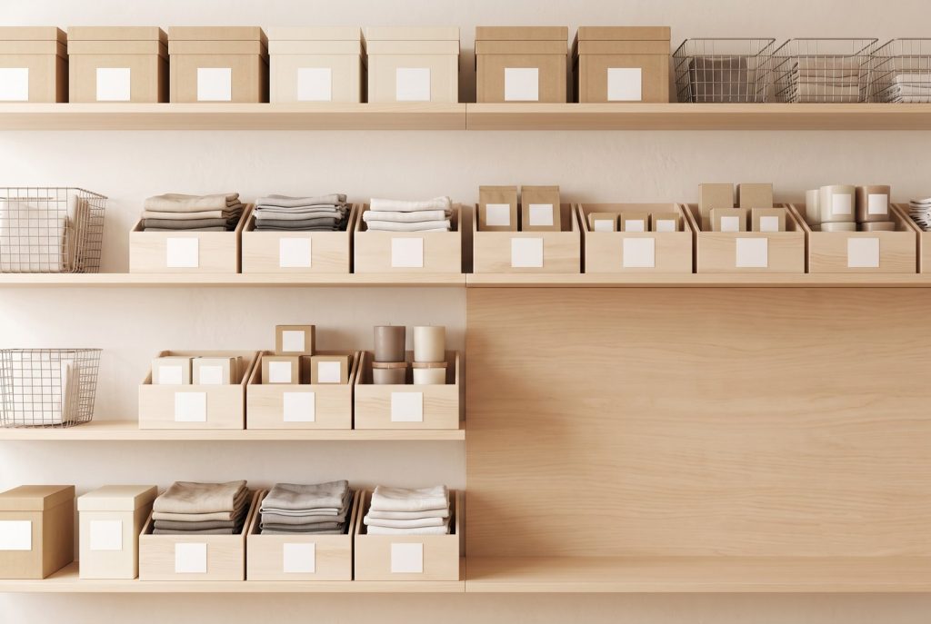 Neatly organized stockroom shelving holding plain kraft storage boxes, folded linens, and candles