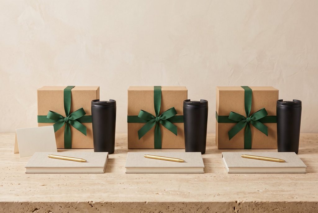 Three matching corporate gift sets of ribboned kraft boxes, tumblers, pens, and notebooks on a stone surface
