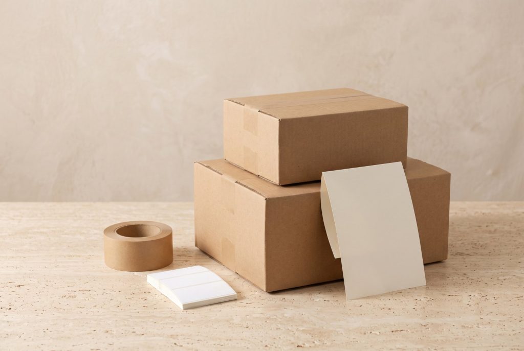 Stacked kraft shipping cartons with a roll of paper tape and blank labels on a stone surface