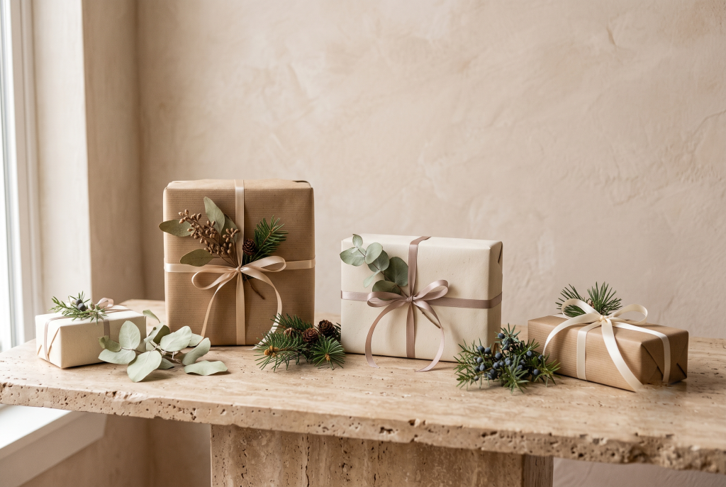Wrapped holiday gifts with greenery and a gold ribbon on a stone surface