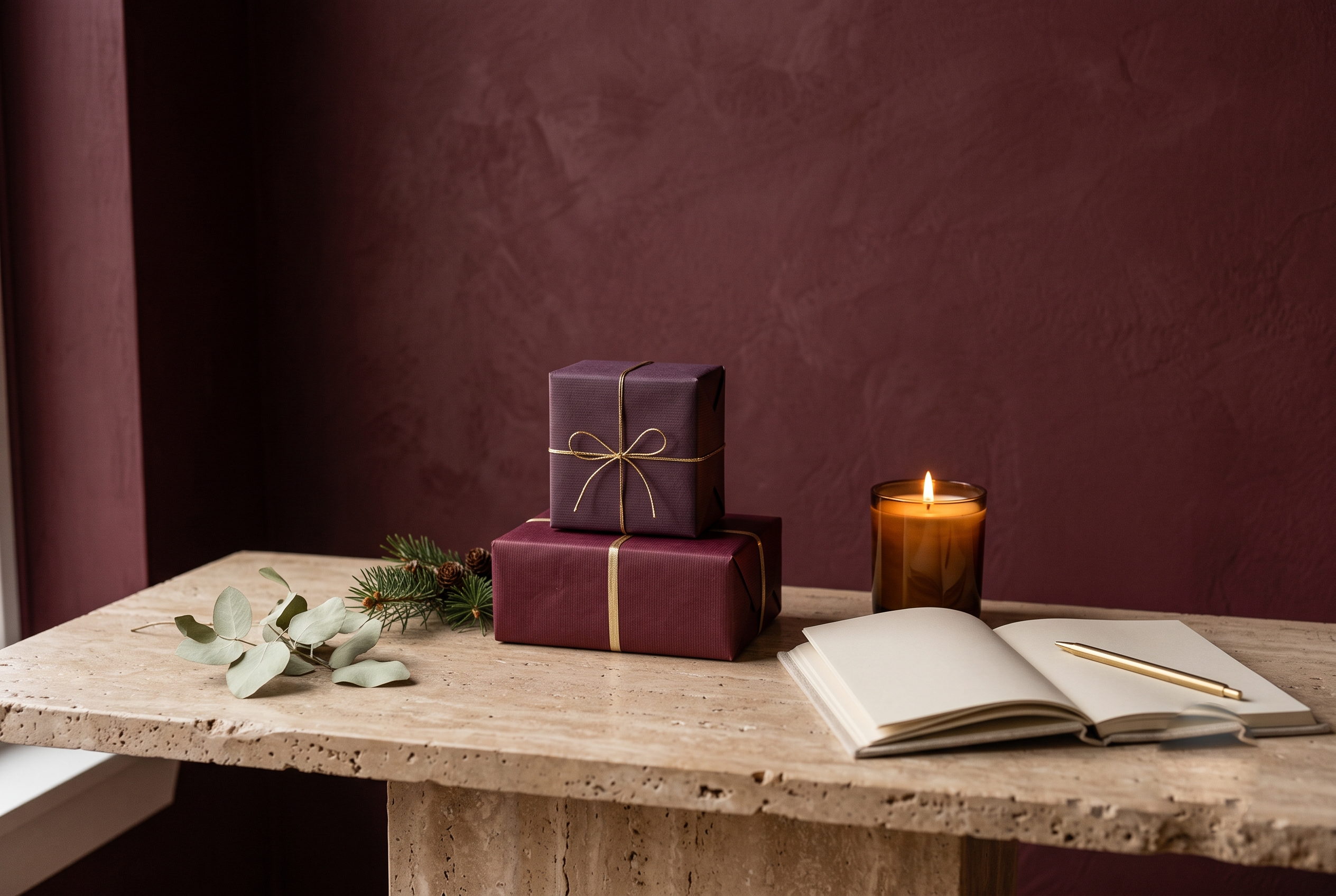 Burgundy and plum wrapped gifts with a gold ribbon, an amber candle, greenery, and a planning notebook on a stone surface