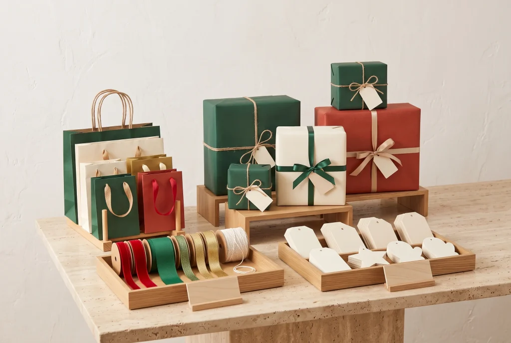 A holiday display of green, cream and red gift bags on a riser, wrapped boxes with ribbon and tags, and oak trays of ribbon spools and blank tags