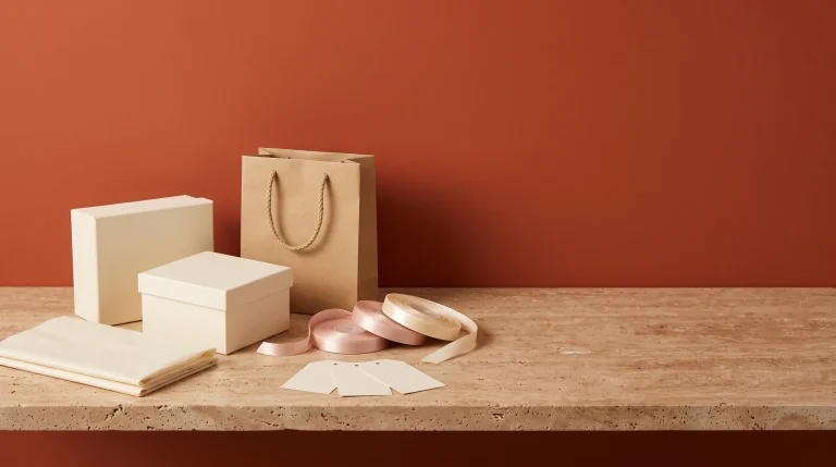 Cream gift boxes, a kraft paper bag, folded tissue, blush and cream ribbon spools and blank gift tags on travertine against a burnt orange wall