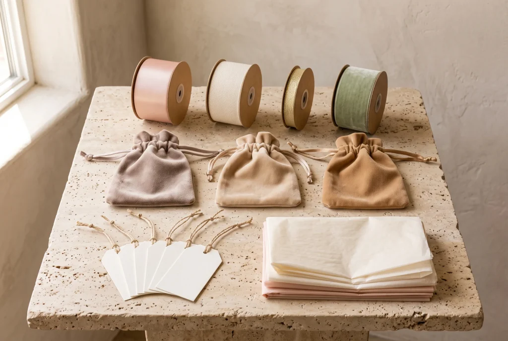 Blush, cream, gold and sage ribbon spools with three velvet pouches, six blank tags on twine and a folded stack of cream and blush tissue