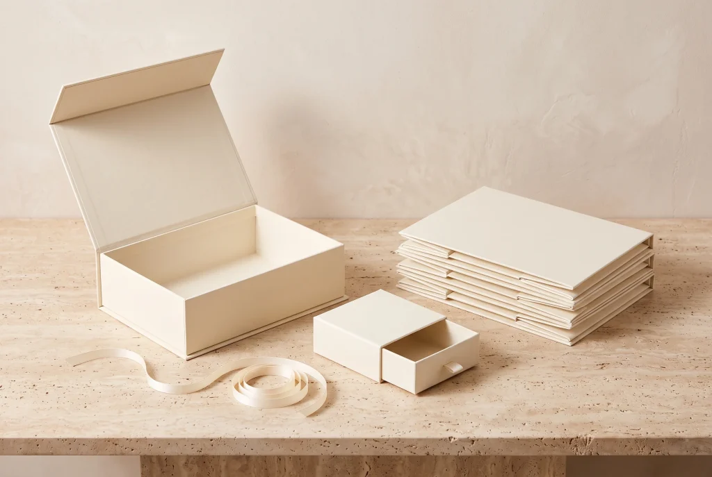 A cream magnetic-lid box standing open beside a stack of four flat-folded boxes, a small drawer box half open, and a curl of cream satin ribbon