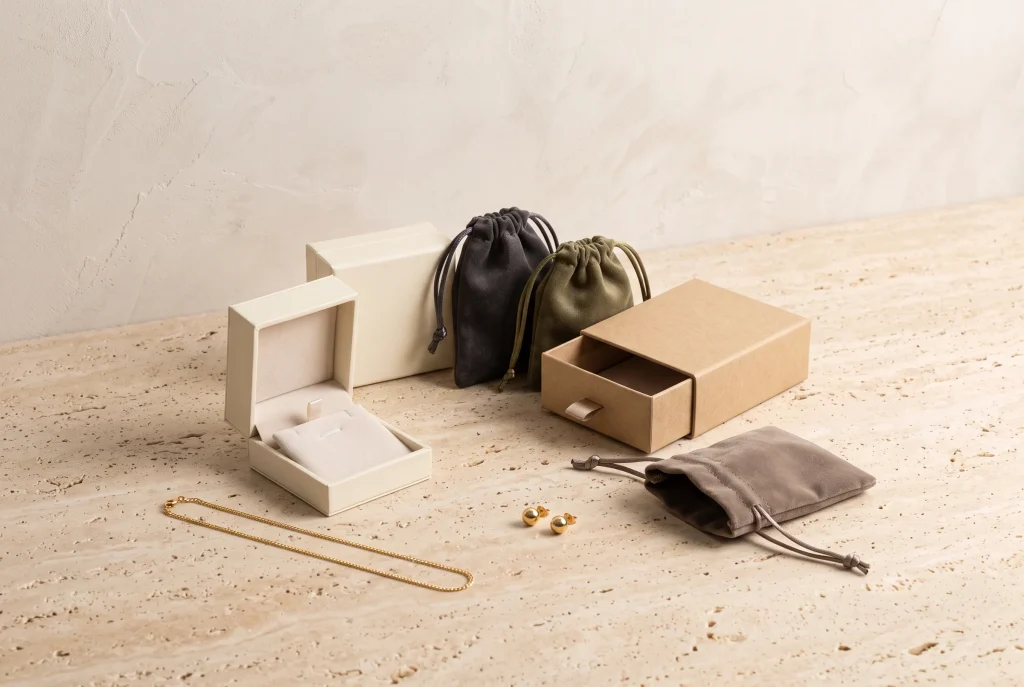 An open cream necklace box, a kraft drawer box, charcoal, olive and grey velvet pouches, a gold chain and gold stud earrings on travertine