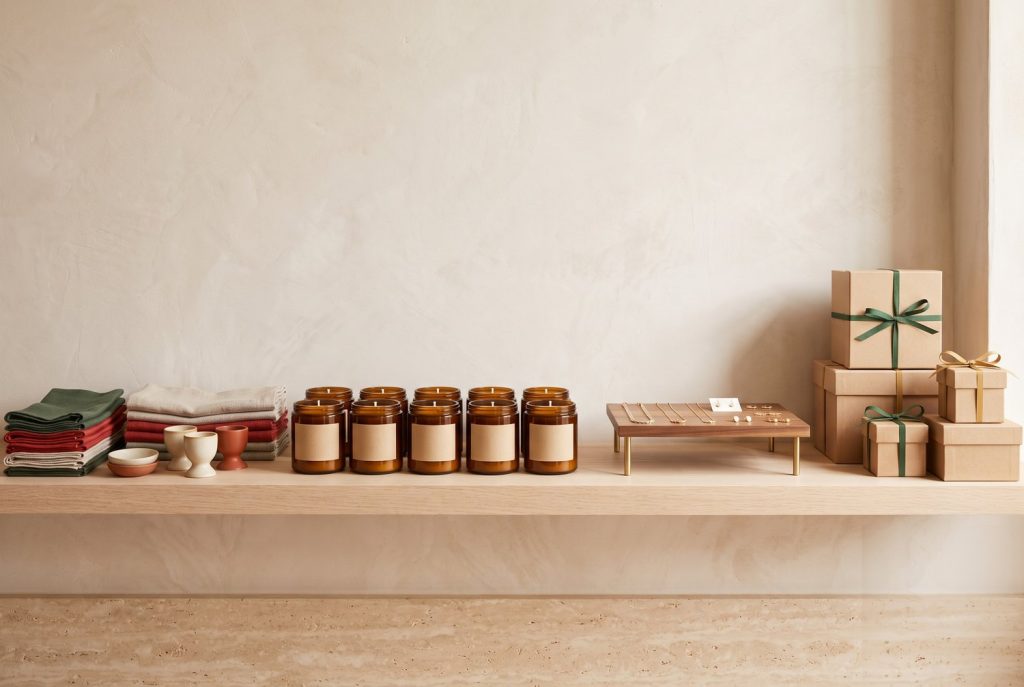 A merchandised holiday shelf of amber candles, linens, ceramics, and stacked ribboned gift boxes