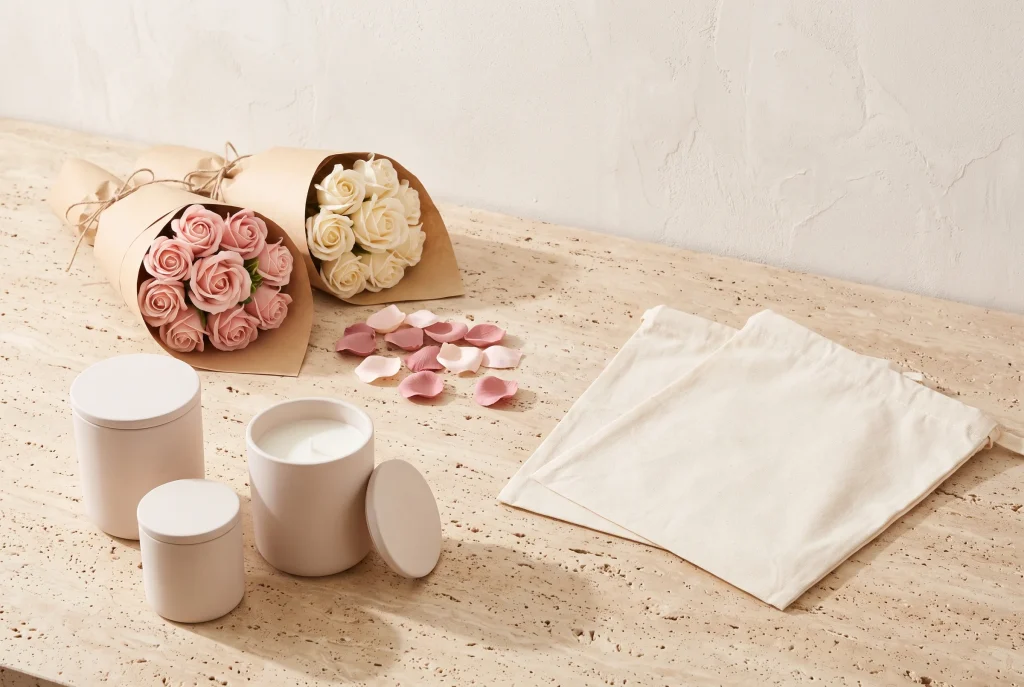 Two soap flower bouquets in kraft paper tied with twine, scattered soap petals, three blush ceramic candles and folded cream cotton bags on travertine