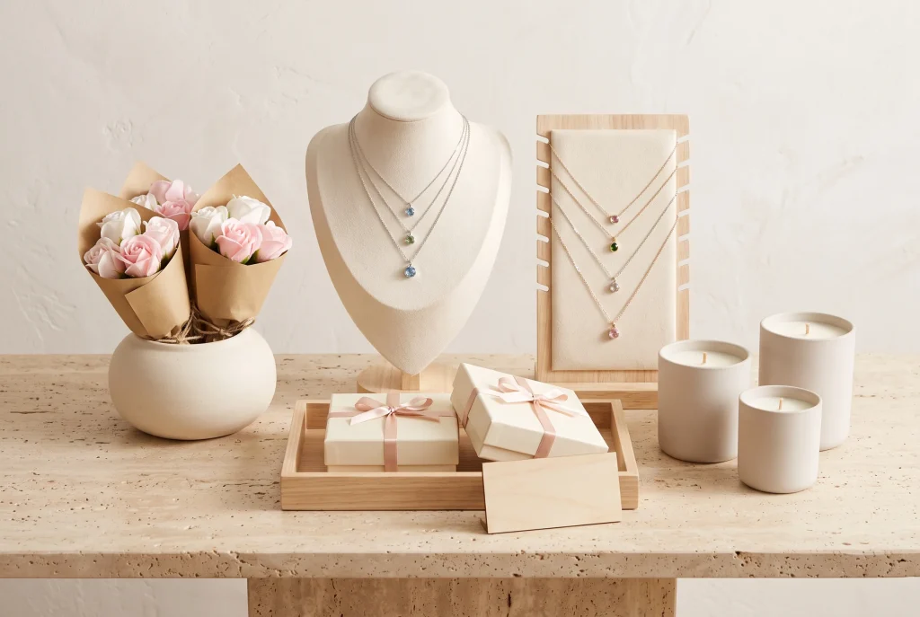 A boutique display with birthstone necklaces on a velvet bust and wooden board, kraft-wrapped soap rose bouquets, cream candles and ribboned gift boxes