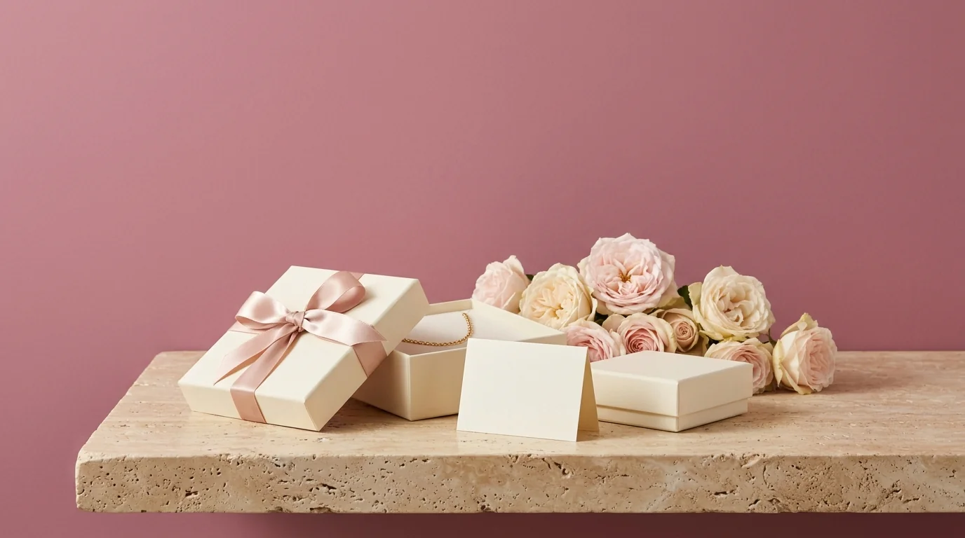 A cream gift box with a blush satin bow, an open box showing a fine gold chain, a blank folded card and pale roses on travertine against a dusty rose wall