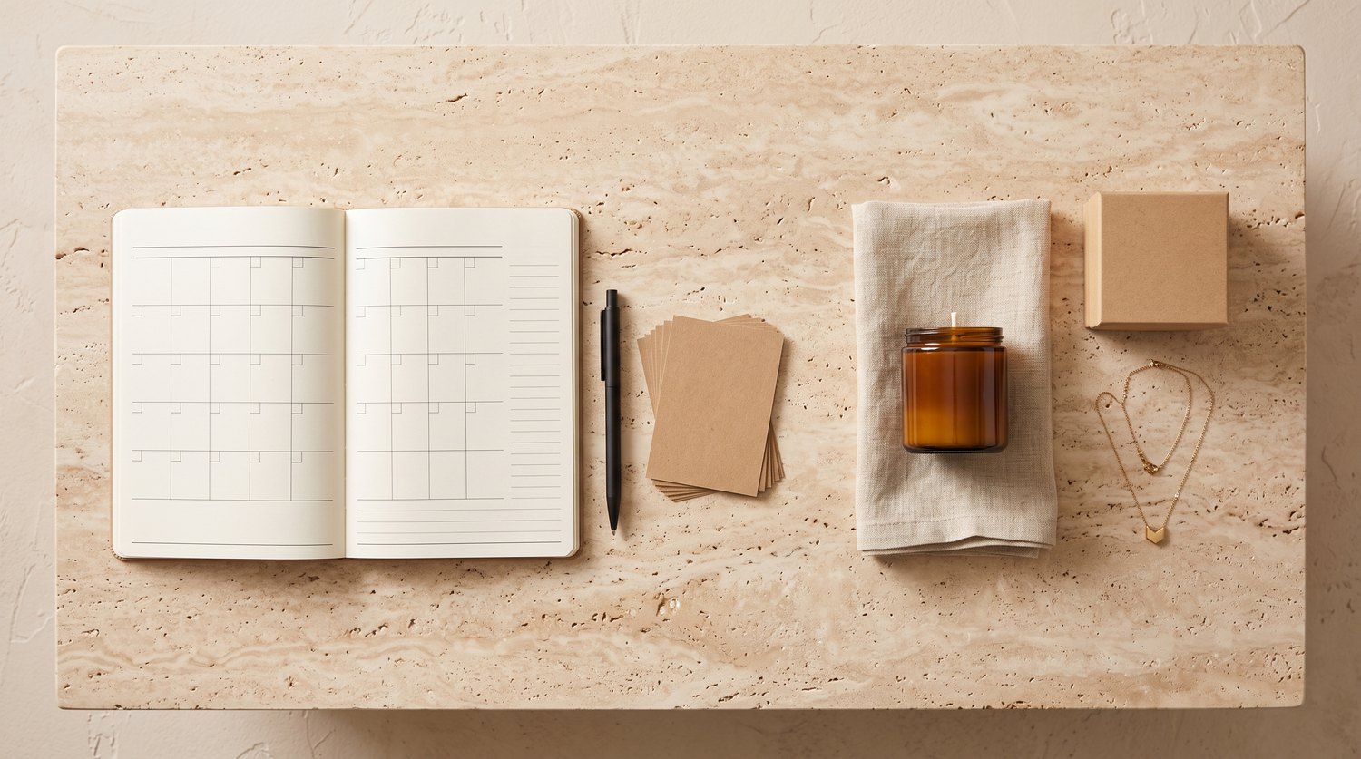 An overhead flat lay of an open notebook, a pen, and small giftable products on a stone surface for holiday inventory planning