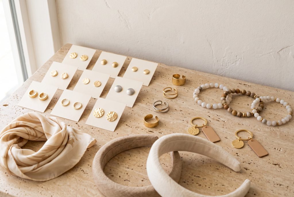 Cards of gold and silver stud and hoop earrings beside stacking rings, beaded bracelets, a knotted cream scarf, padded headbands, and gold keychains