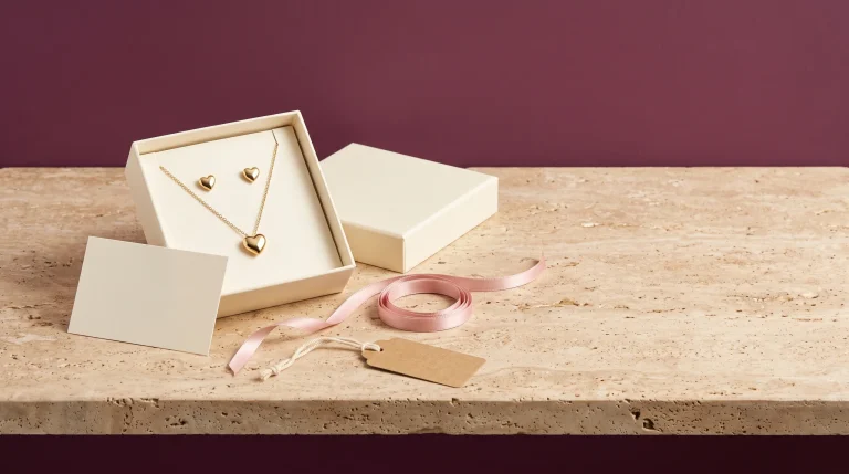 An open cream box with a gold heart pendant necklace and heart stud earrings, plus a blank card, blush ribbon and kraft tag, on travertine against a wine wall