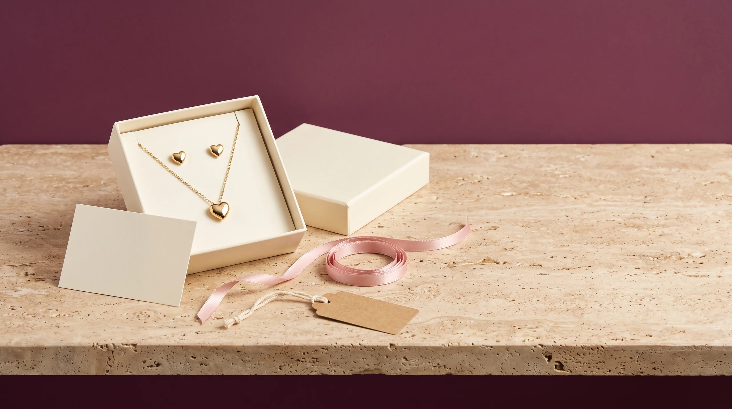 An open cream box with a gold heart pendant necklace and heart stud earrings, plus a blank card, blush ribbon and kraft tag, on travertine against a wine wall