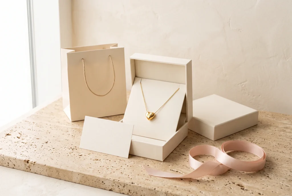 A cream gift bag beside an open cream box holding a gold heart pendant necklace, with the box lid, a blank card, and coiled blush ribbon on a travertine slab