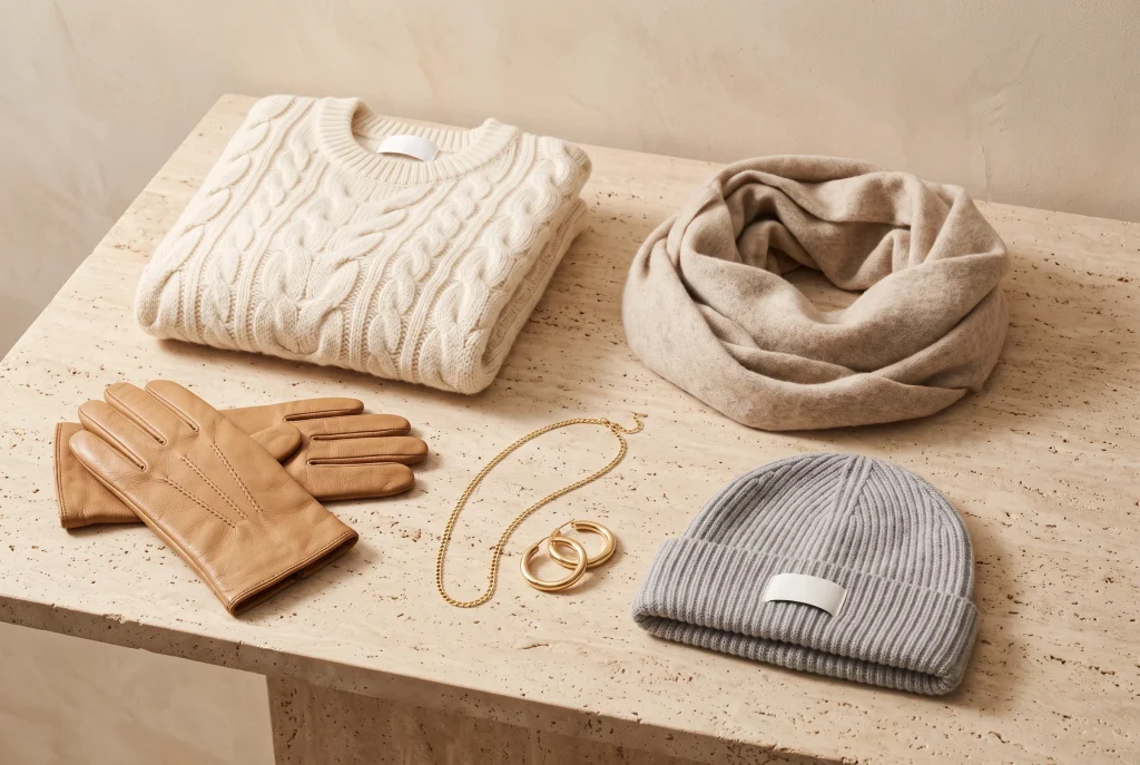 A folded cream cable-knit sweater, an oatmeal wool snood, tan leather gloves, a grey ribbed beanie, and a gold chain with hoop earrings on travertine